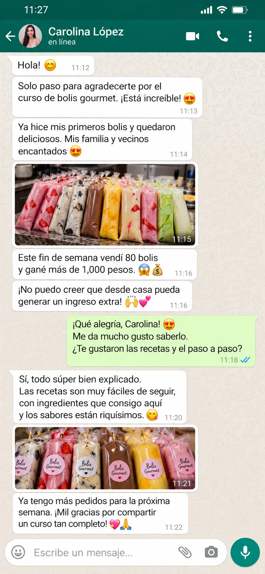 Mensaje de WhatsApp de Carolina López contando sus primeras ventas de bolis