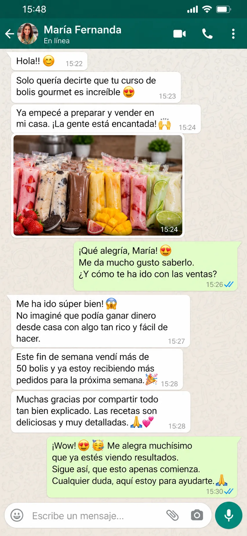 Mensaje de WhatsApp de María Fernanda contando sus primeras ventas de bolis